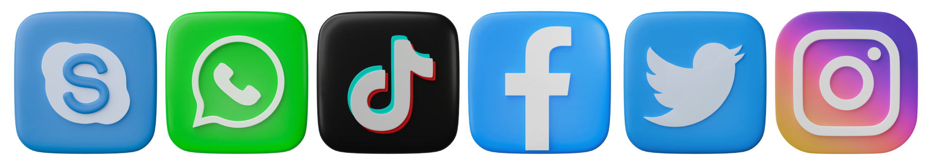 Social media icons on transparent background. Instagram, Facebook, Skype, Twitter, TikTok, Whatsapp logo set. 3D editorial illustration. png