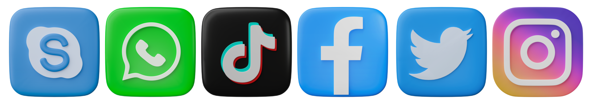 Social media icons on transparent background. Instagram, Facebook, Skype, Twitter, TikTok, Whatsapp logo set. 3D editorial illustration. png