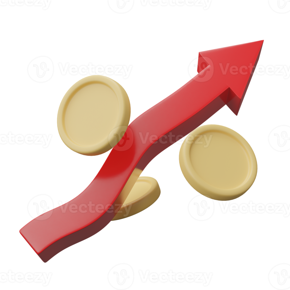 3D render, Growth stock chart with coins investing, Uptrend stock market graph isolated on transparent background. png