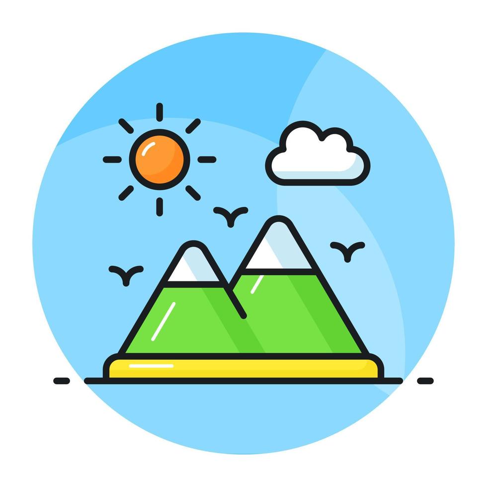 A beautiful view of the mountain landscape. Mountain and sun denoting icon of hill station in trendy style vector