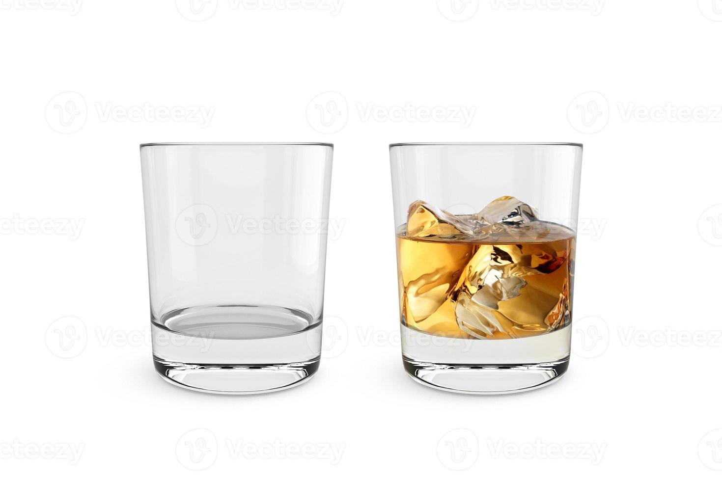 Empty and full whiskey glass isolated on white background photo