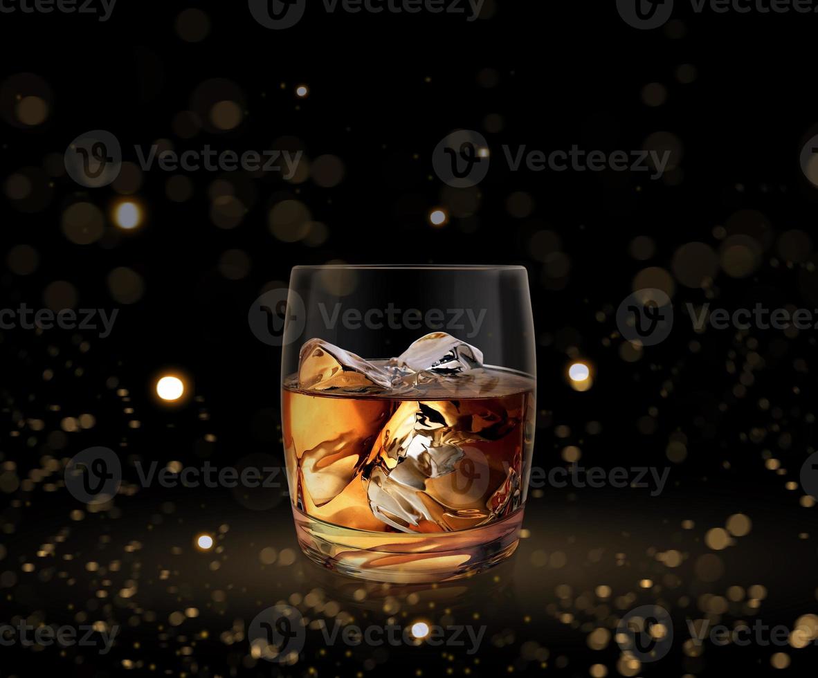 Glass of whiskey nestled on dark background, with abstract lights. 3d render photo