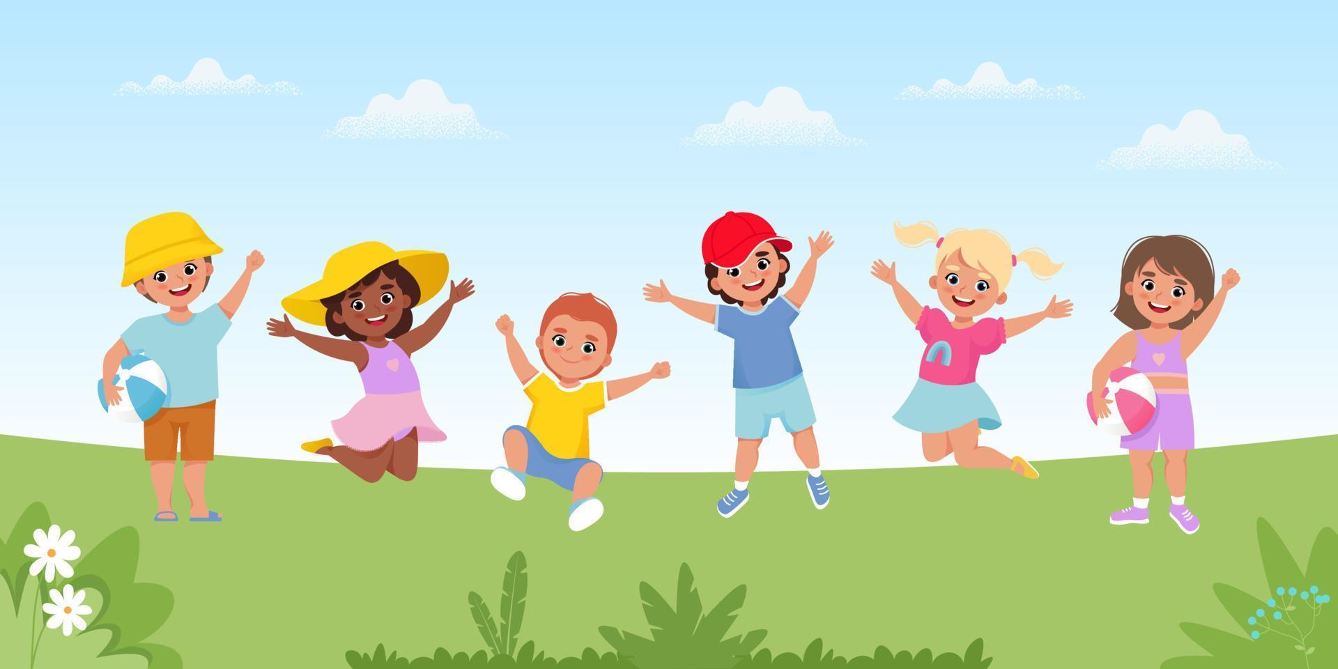 Children jumping at summer background. Happy kids playing, fun, friendship, and childhood concept. Vector illustration in cartoon flat style