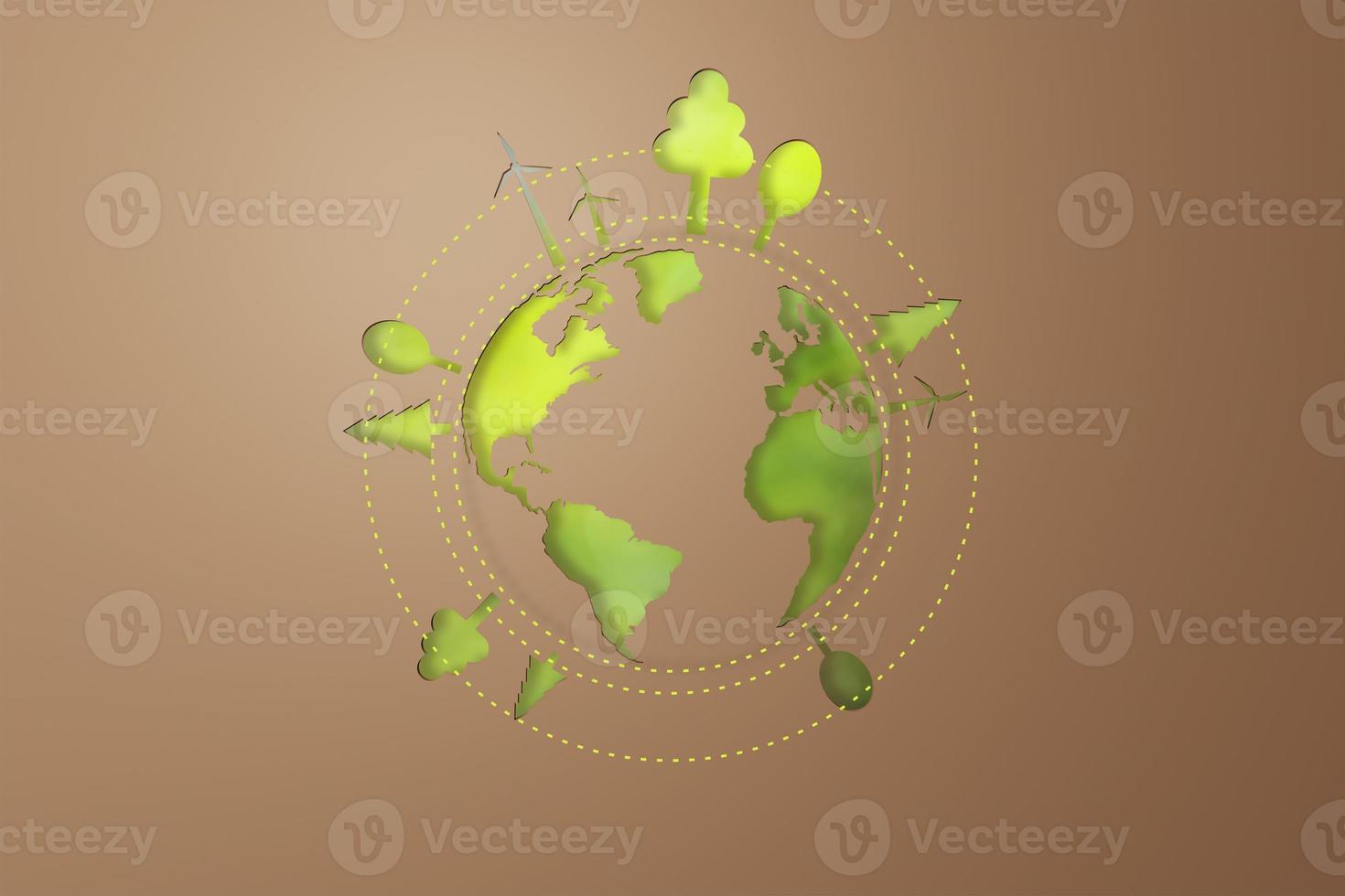 3d Rendering. Planet earth icon eco papercut on brown background. Earth day concept. with copy space. photo