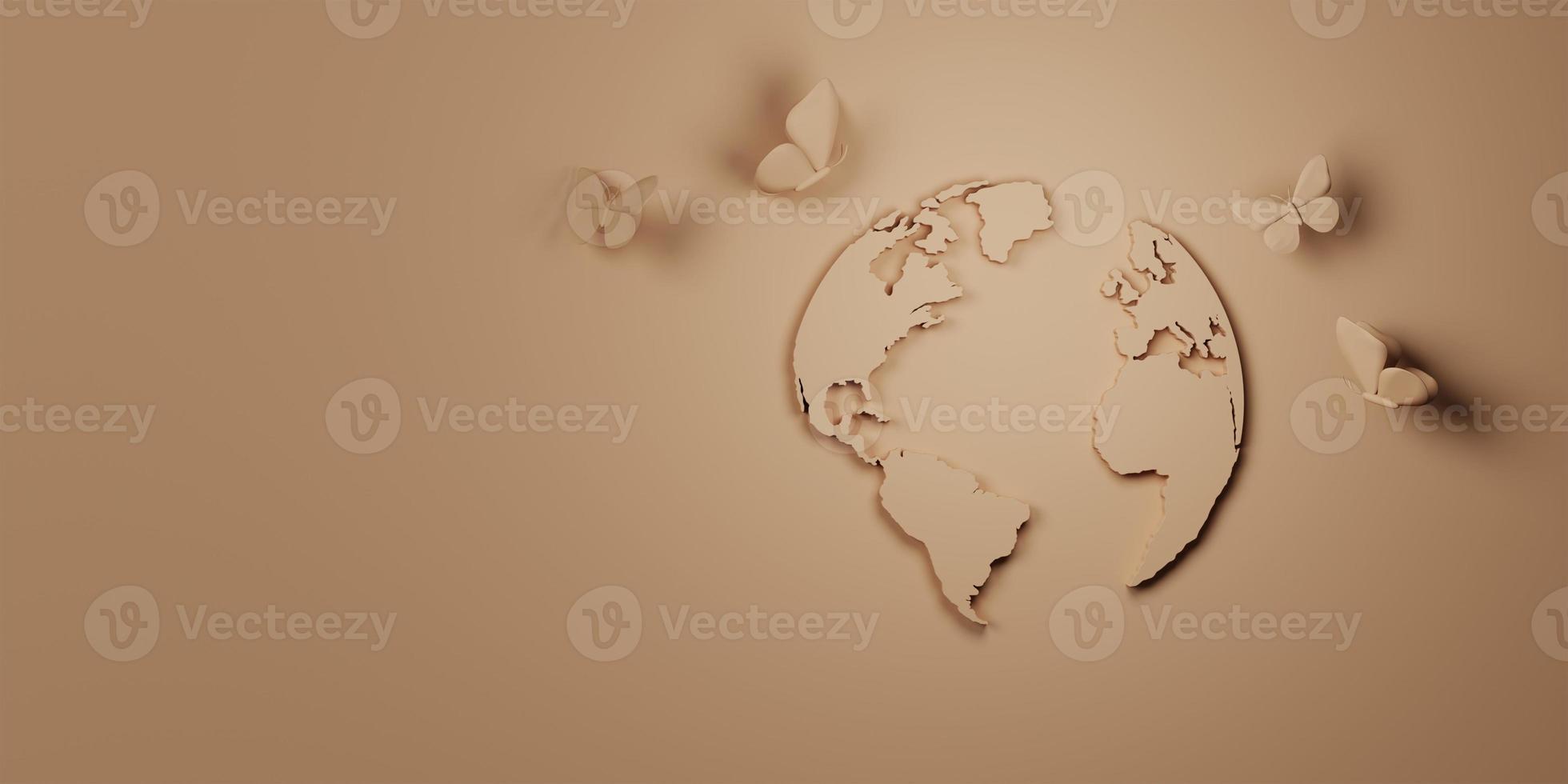 3d Rendering. Planet earth icon eco papercut on brown background. Earth day concept. with copy space. photo