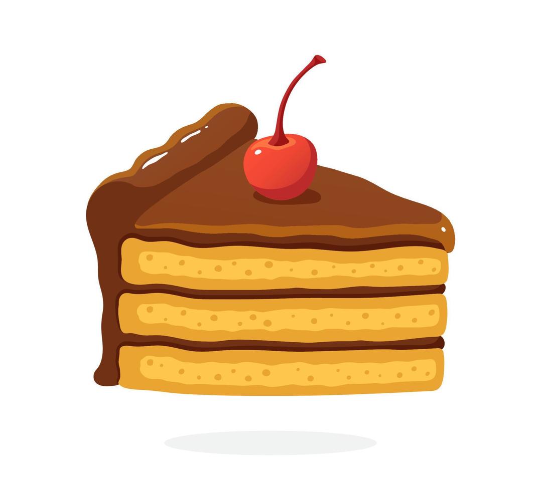 Sticker a piece of cake with chocolate cream and cherry vector