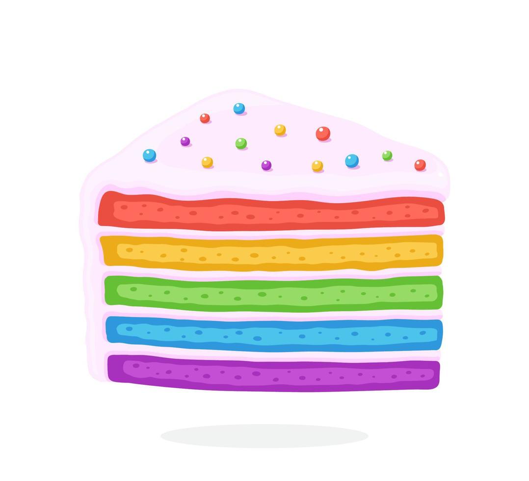 A piece of rainbow cake with glaze cream and colored sugar dragees vector