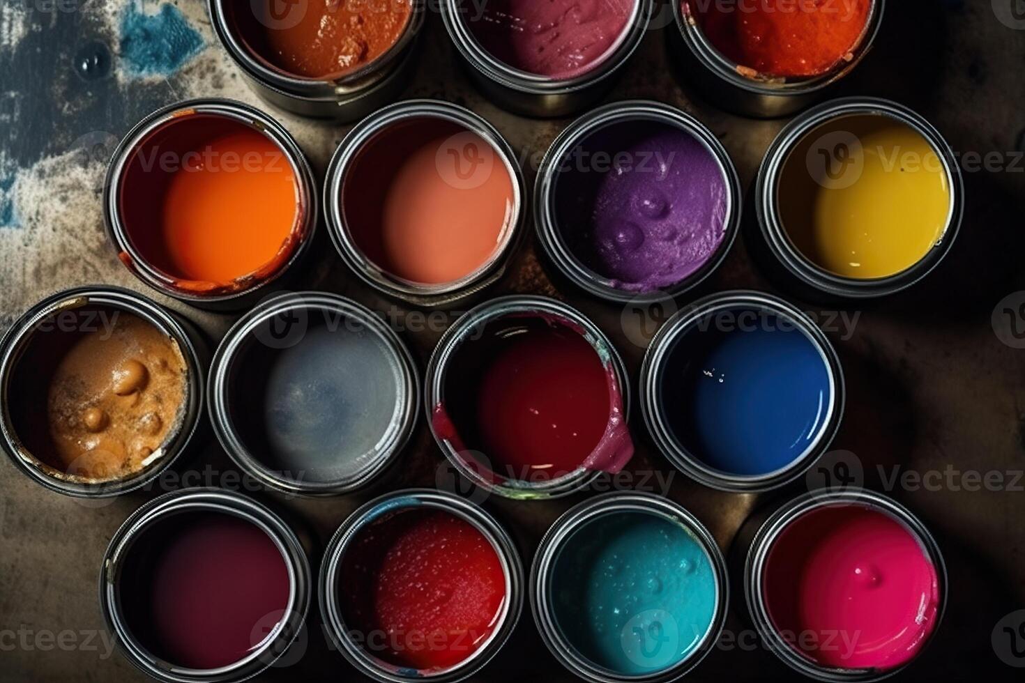 Set of opened colorful paint cans photo