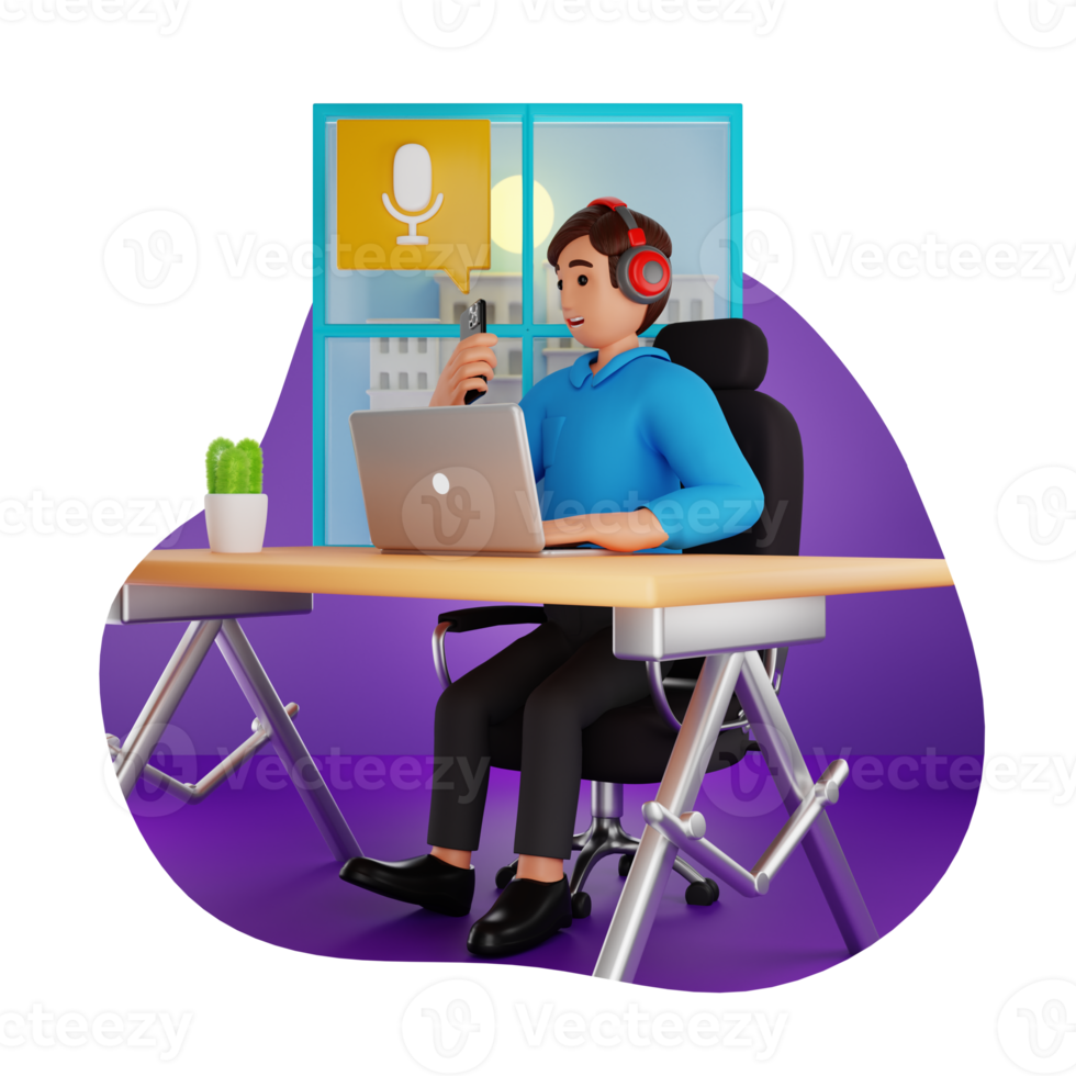 Man Listening To Podcast While Working, 3D Character Illustration png