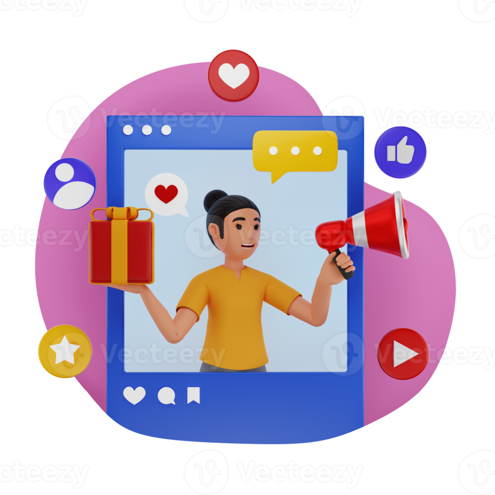 Social Media Influencer Doing Giveaway Contest 3D Character Illustration png