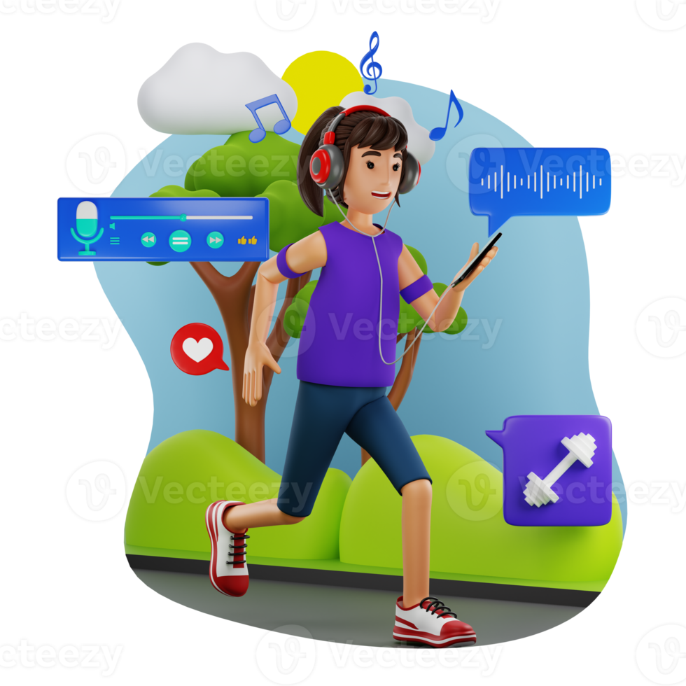 Woman Listening Podcast While Jogging 3D Character Illustration png