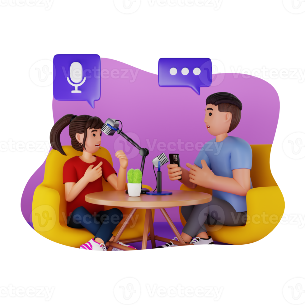 Friends Talking While Having Podcast, 3D Character Illustration png