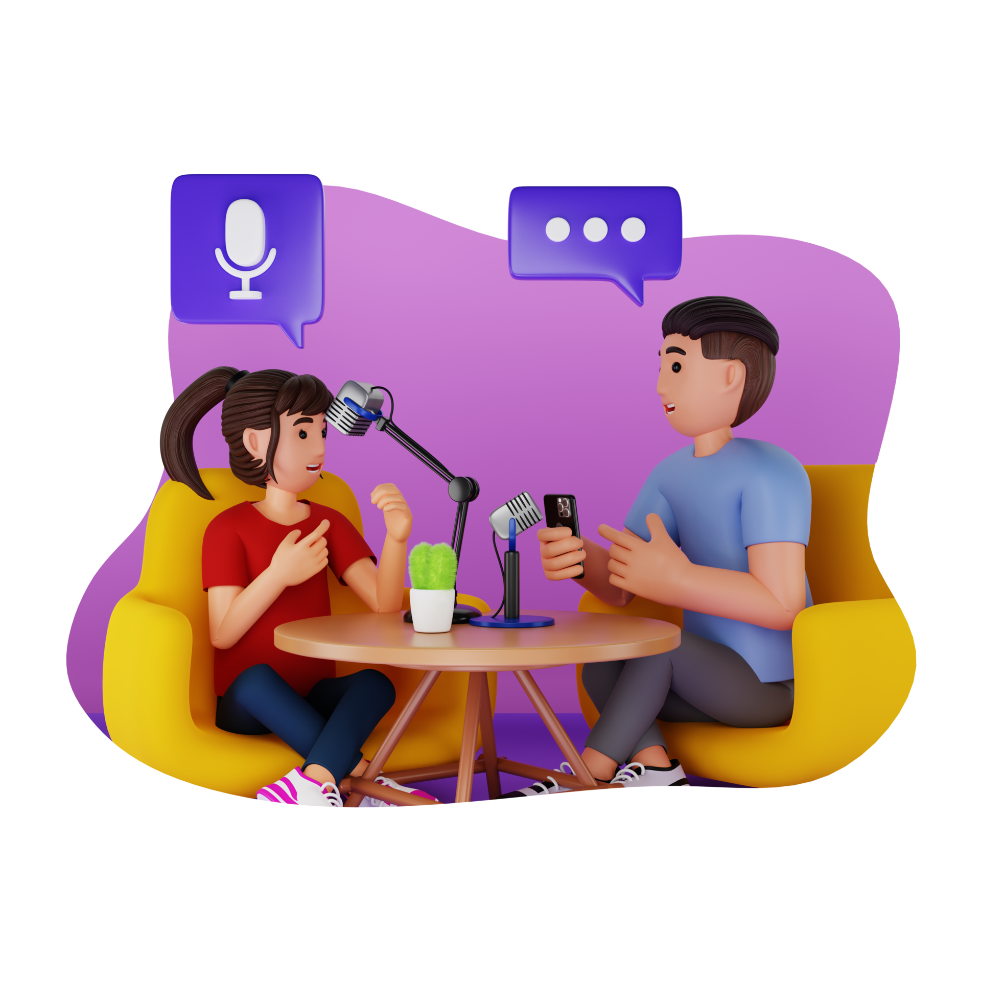 Friends Talking While Having Podcast, 3D Character Illustration