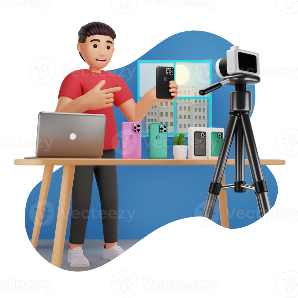 Man Making Cell Phone Review Video, 3D Character Illustration png