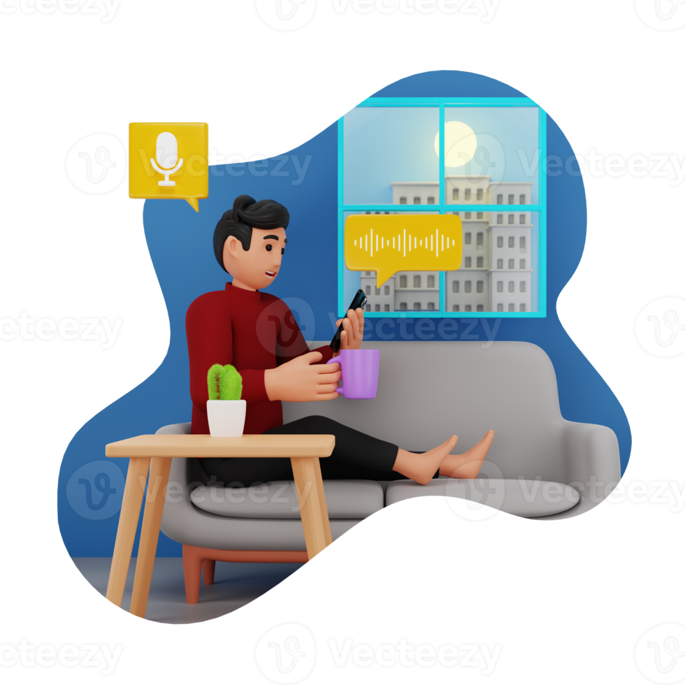 Man Listening To Podcast While Sitting On Couch 3D Character Illustration png