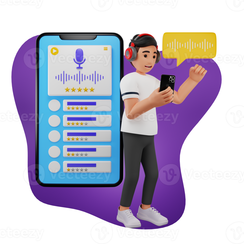 Man Streaming Podcast Using Mobile App, 3D Character Illustration png