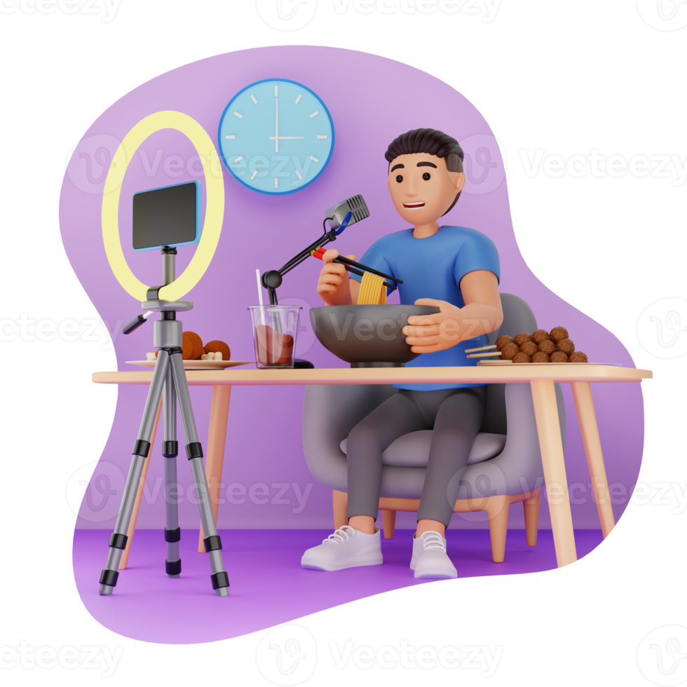 homme tournage asmr nourriture mukbang vidéo, 3d personnage illustration png