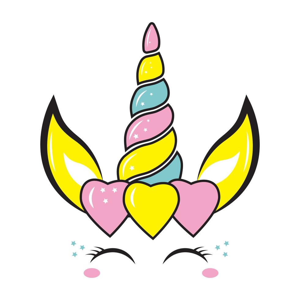 A unicorn with a rainbow horn and eyes. Color vector illustration in doodle style.