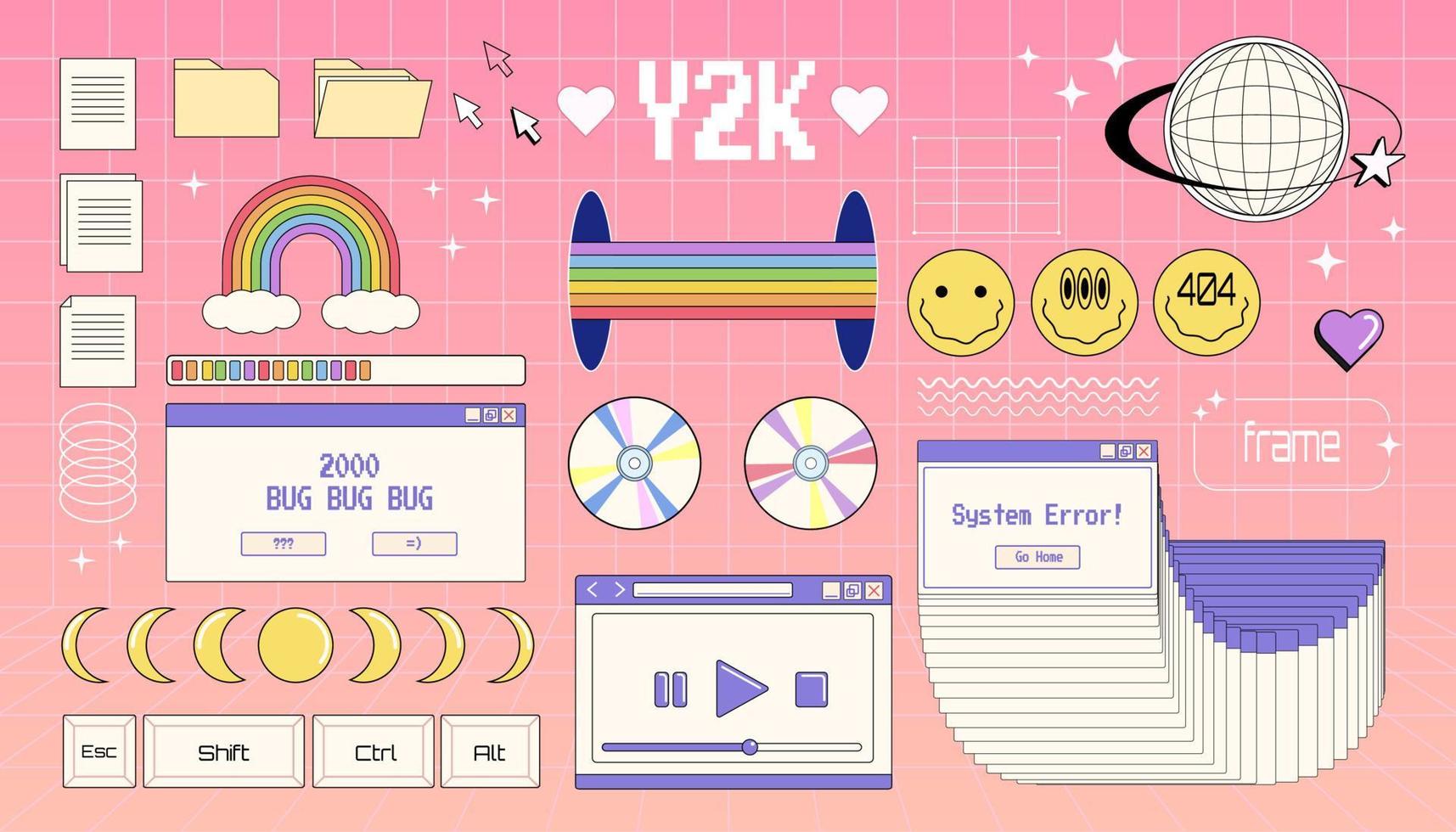 Set of Y2K elements, group of vector objects in Y2K style, nostalgic illustrations, technologic objects, computer windows.