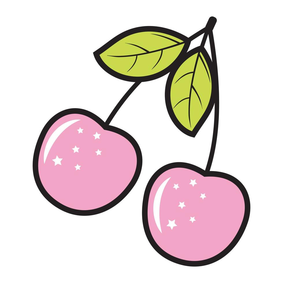 A sprig with a pink cherry. Color isolated vector illustration in cartoon style.