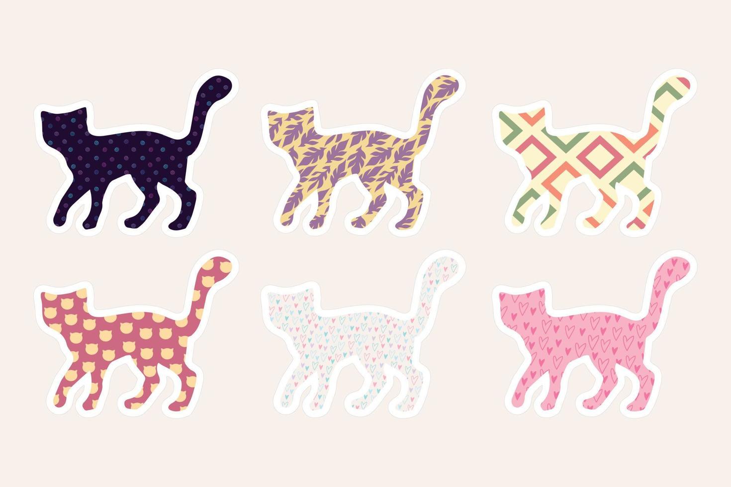 pegatina paquete de contorno gatos con diferente patrones. sencillo gato silueta. modelo recopilación. vector