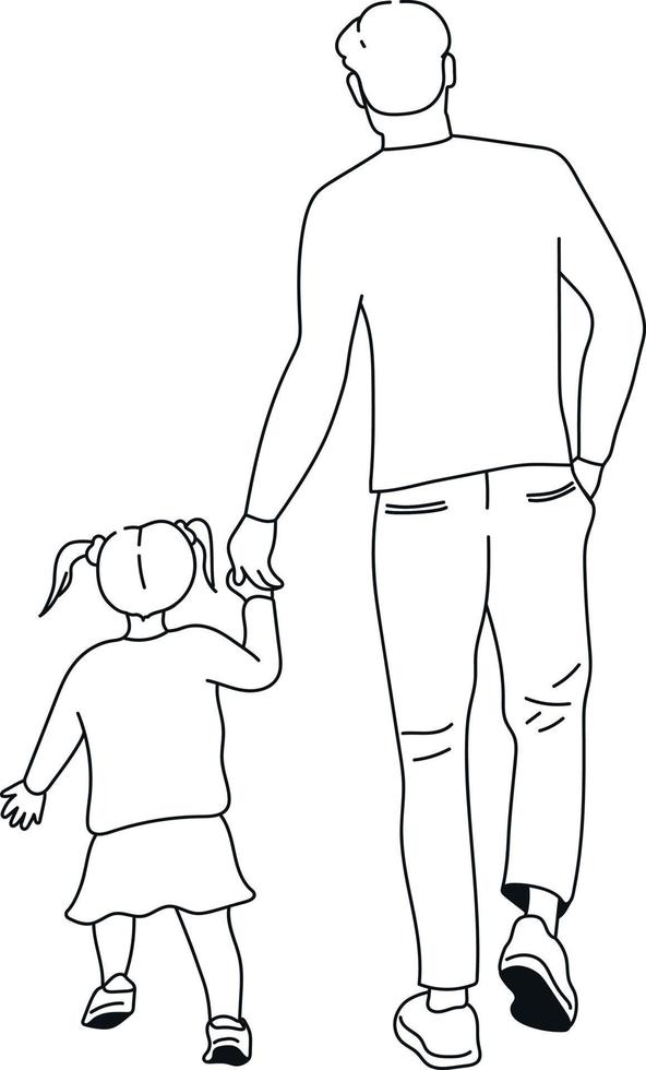 Father walking with a child hand in hand. Dad and daughter. Fathers Day theme. Vector art