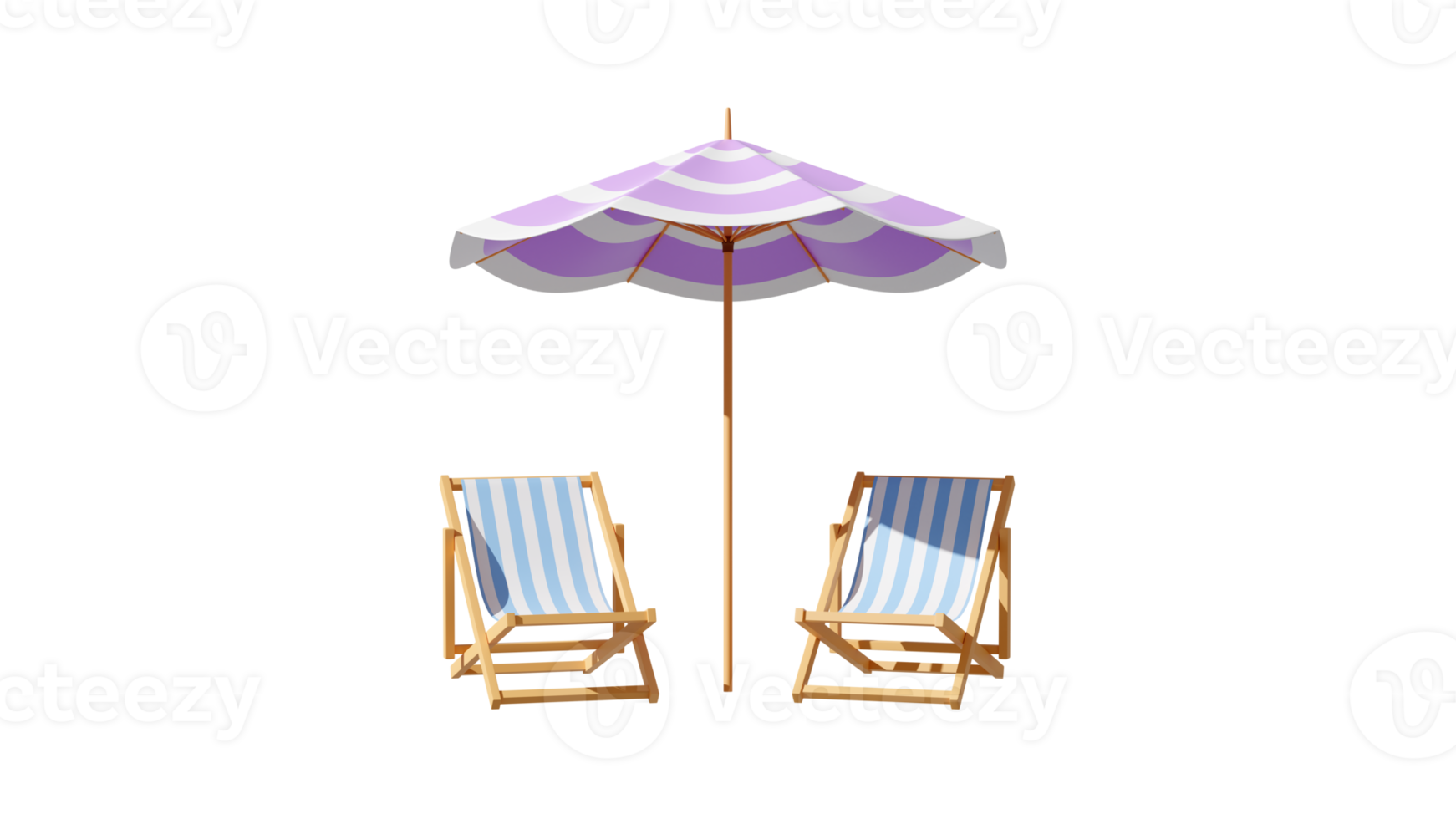 Two Deck Chair And Beach Umbrella In Minimal Concept Summer Theme, PNG transparent background, ready for use, Beach set 3D element, 3D Rendering