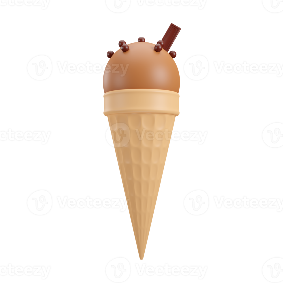 Chocolate ice cream dessert with choco ball, choco bar, and waffle cone in Beach Concept Summer Theme, PNG transparent background, 3D element, 3D illustration