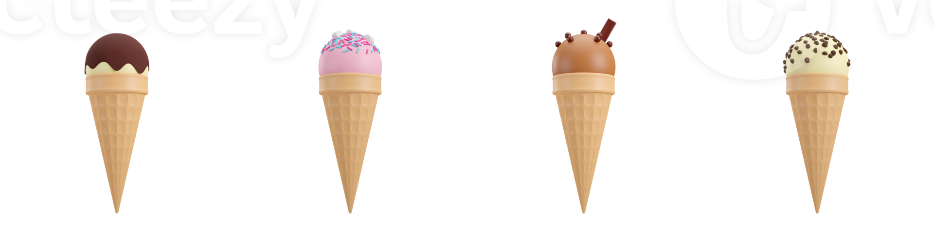 reeks van aardbei, vanille, en chocola ijs room toetje met een topping en wafel ijshoorntje in strand concept zomer thema, PNG transparant achtergrond, 3d element, 3d illustratie