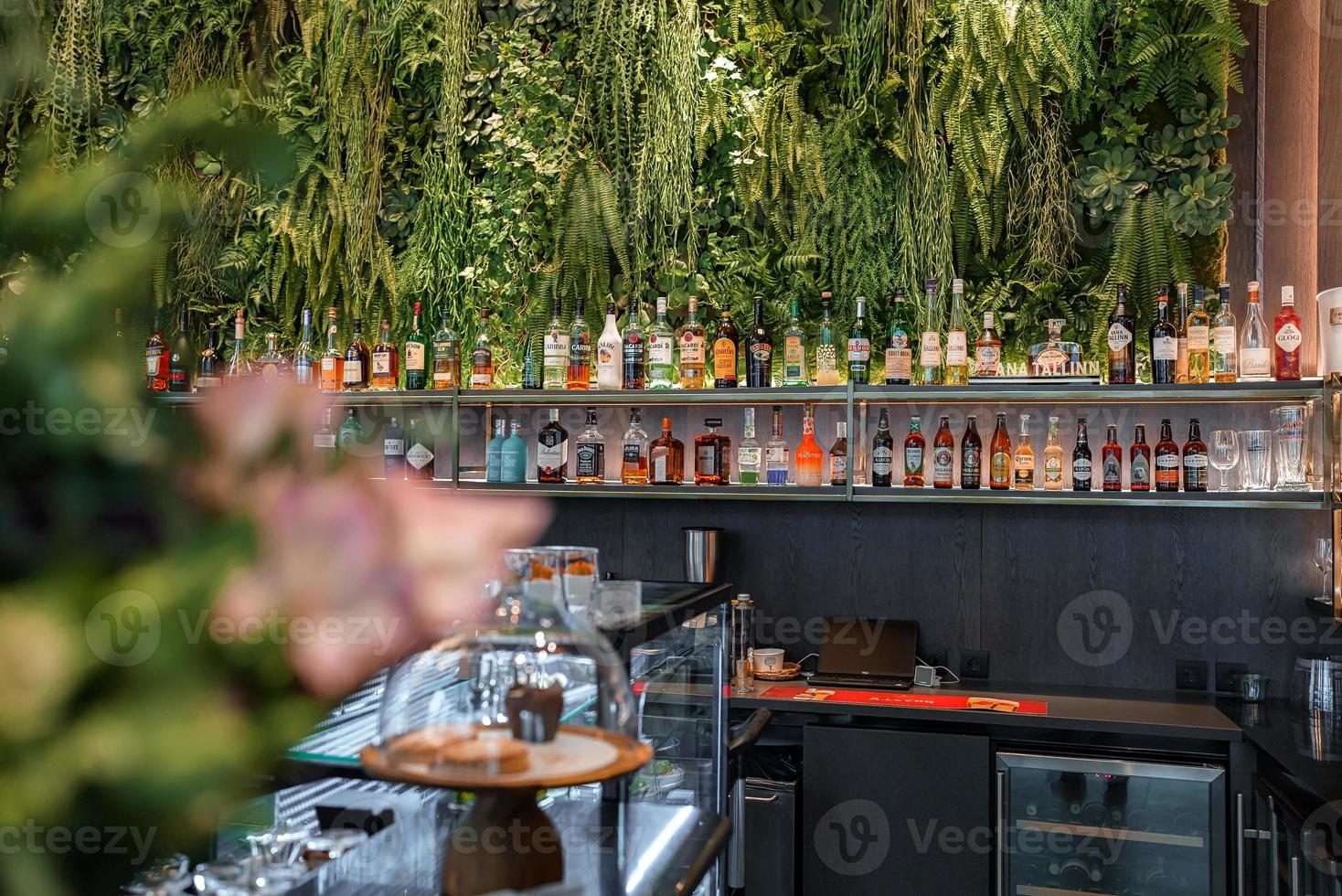 Eco architecture. Floral interior. Green cafe with plants. photo