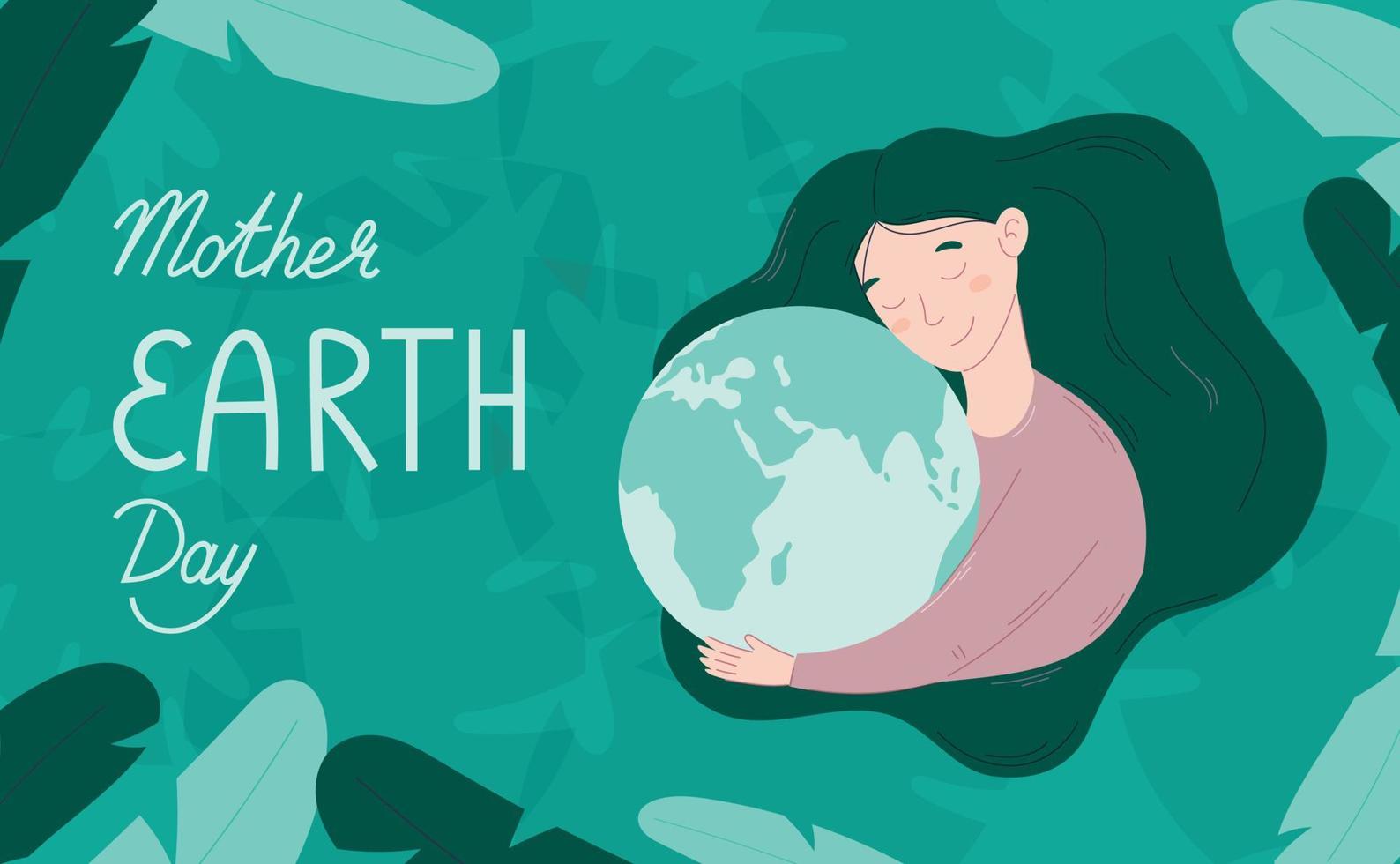 mundo fiesta madre tierra día vector verde bandera. dibujos animados joven mujer con lozano pelo abrazando el planeta tierra. el concepto de naturaleza y ambiente proteccion.