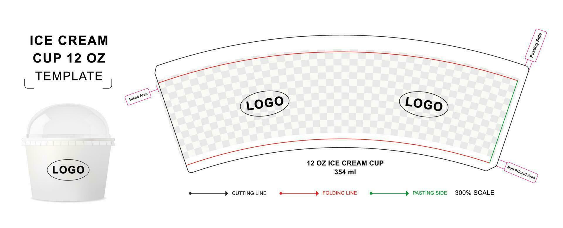 Ice cream cup die cut template 12 oz vector