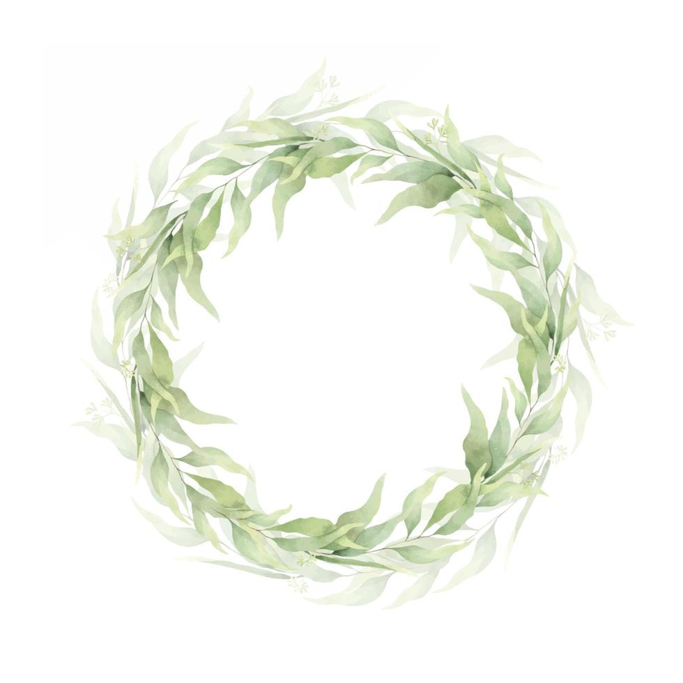 A round frame made of green branches and leaves. A wreath of foliage. Hand-drawn illustration. For wedding invitations, postcard design and stationery. vector