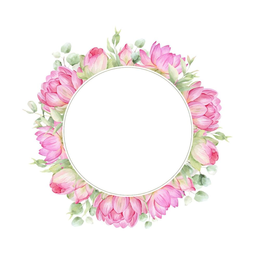 Pink flowers lotus. Watercolor illustration. A frame of lotus flowers. Wreath of chinese water lily. Design for invitations, save the date, cards other items. vector