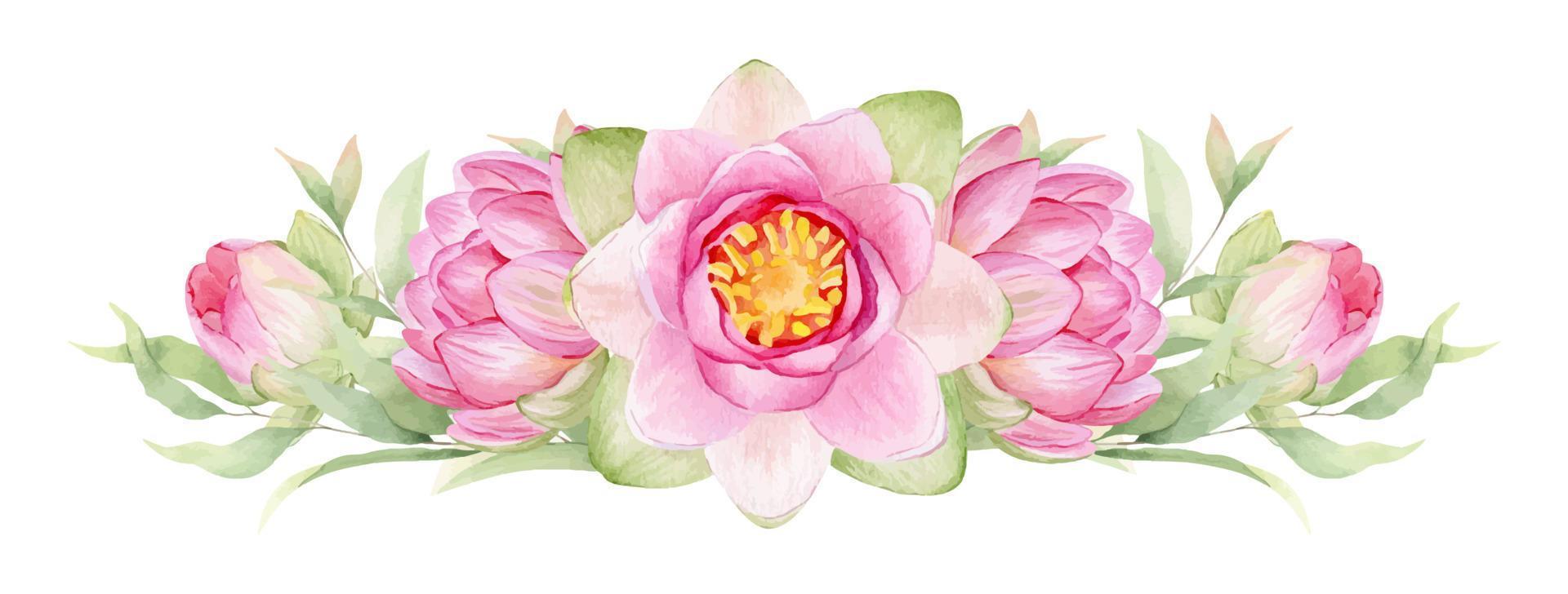 Pink flowers lotus. Watercolor illustration. A garland of lotus flowers. Wreath of chinese water lily. Design for invitations, save the date, cards other items. vector