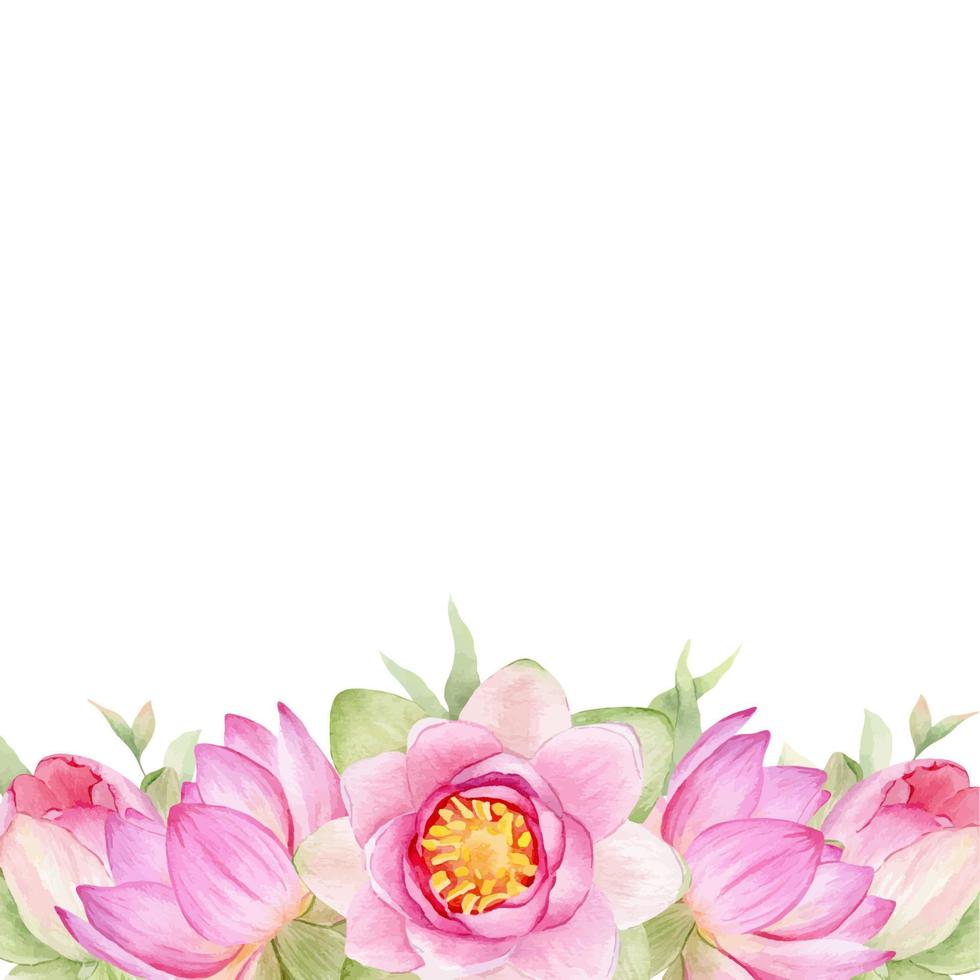 Pink flowers lotus. Watercolor illustration. A frame of lotus flowers. Wreath of chinese water lily. Design for invitations, save the date, cards other items. vector