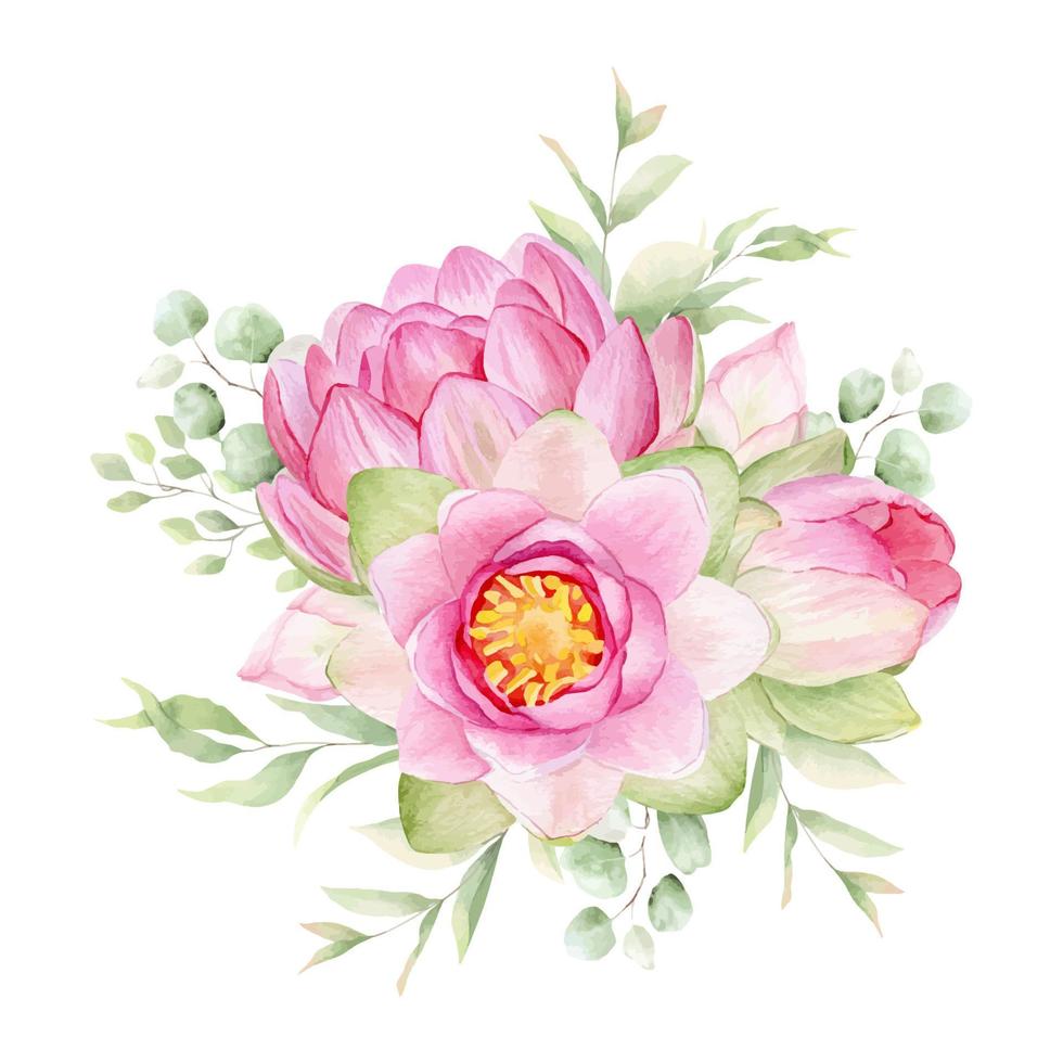 Pink lotus flowers. Watercolor illustration. Composition with lotus. Chinese water lily. Design for the design of invitations, movie posters, fabrics and other items. vector