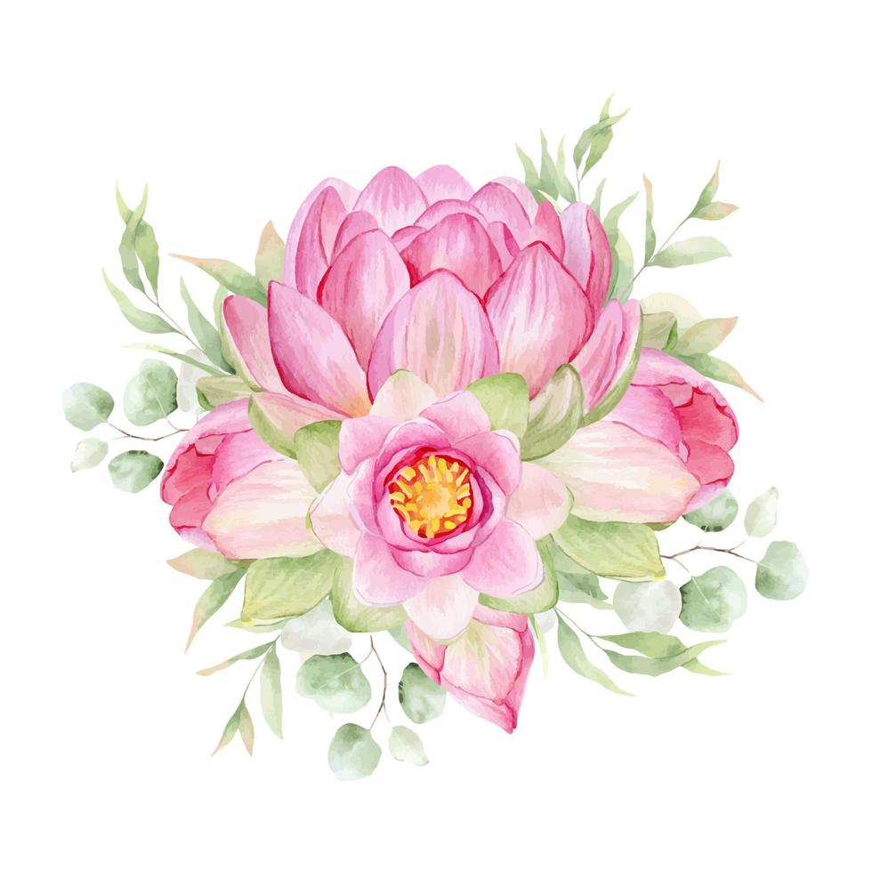 rosado loto flores acuarela ilustración. composición con loto. chino agua lirio. diseño para el diseño de invitaciones, película carteles, telas y otro elementos. vector