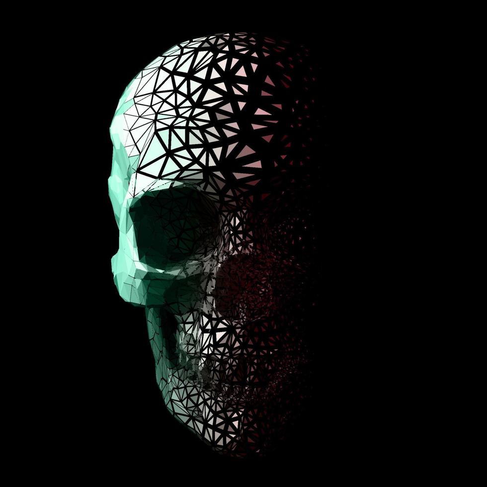 Disintegration style  polygonal skull . Vector illustration of a scary human skull . 3D low poly particle fading effect.