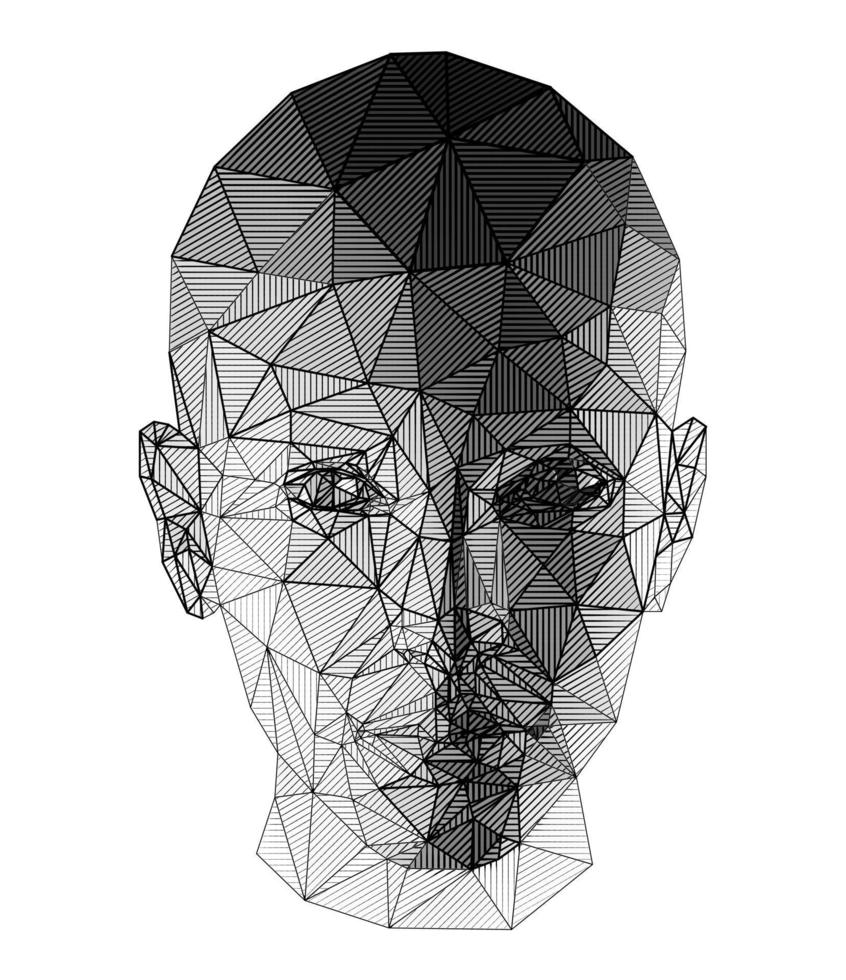 Female head polygonal 3D design. Line- art made by triangular lines.  Low poly design with halftone tonal transitions. vector