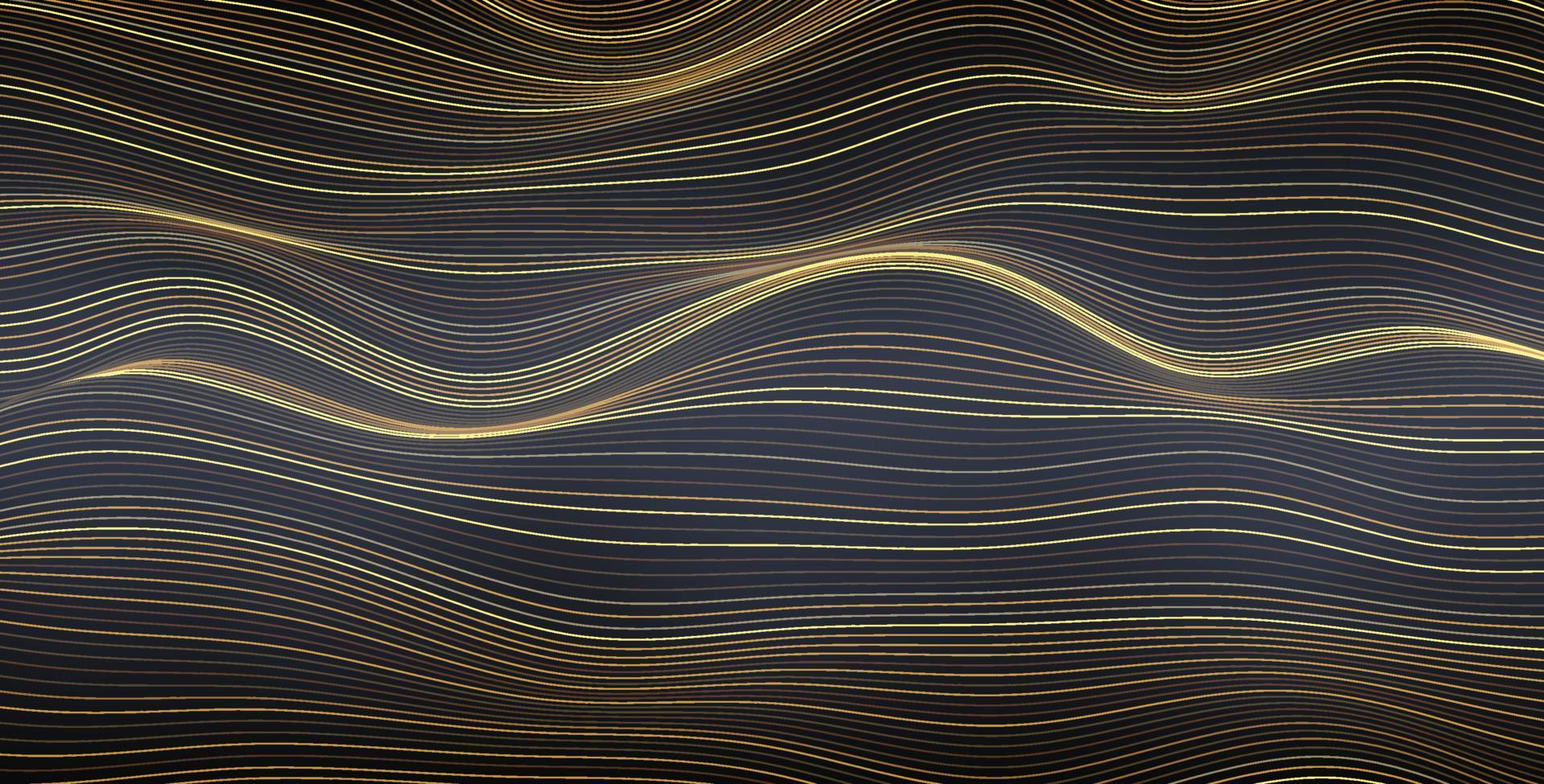 Abstract vector elegant background with smoothly waving thin golden lines on dark gray background.