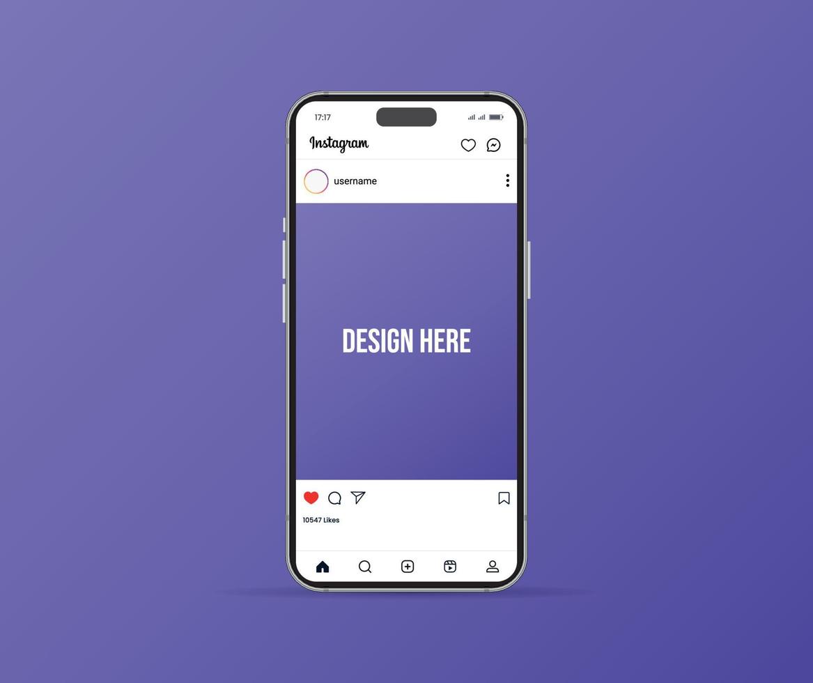 Instagram home page interface with smartphone, vector post mockup