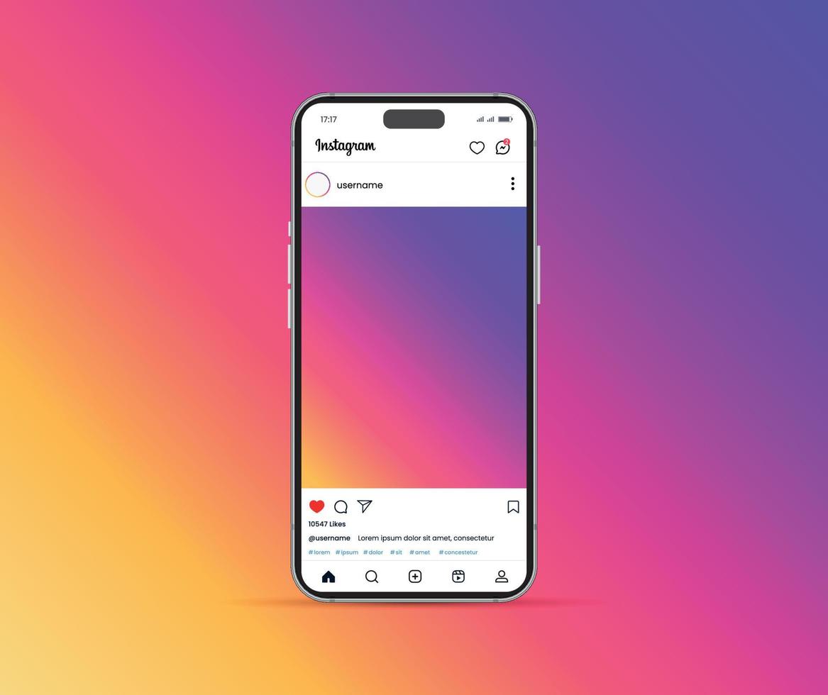 Instagram home page interface with smartphone, vector post mockup