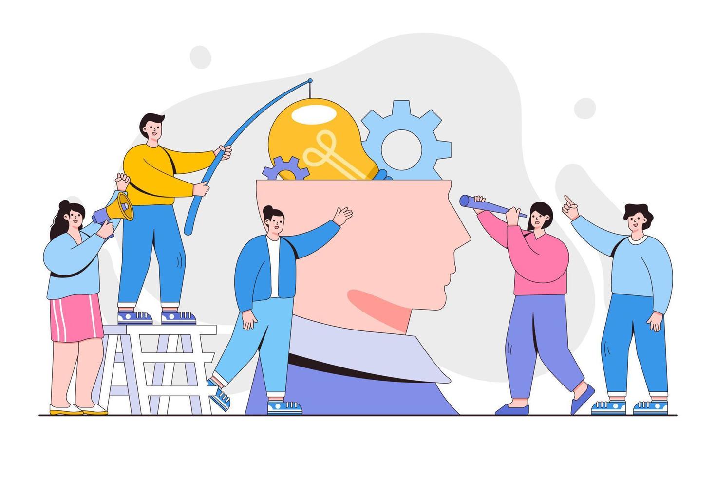 Creative idea in head, teamwork brainstorming, ideological thinking to solve and create new innovative projects. Outline design style minimal vector illustration for landing page, hero images