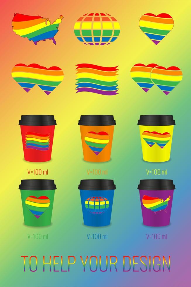 conjunto de vector ilustraciones de 100ml soltero capa papel tazas con lgbt logotipos arco iris icono colocar. ayuda gráfico diseñador.