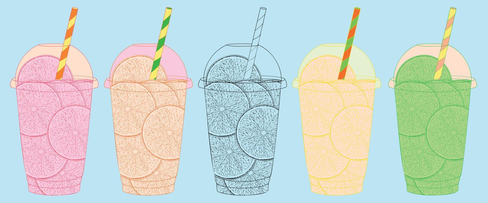 Five plastic cups with fruit slices. Orange, lemon, lime, grapefruit and citrus fruits. Black and color outlines. vector
