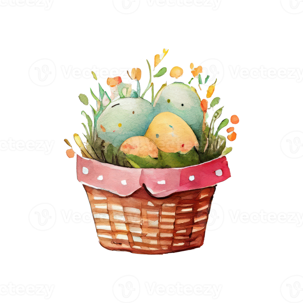 Wicker basket with colorful pastel Easter eggs, spring flowers png