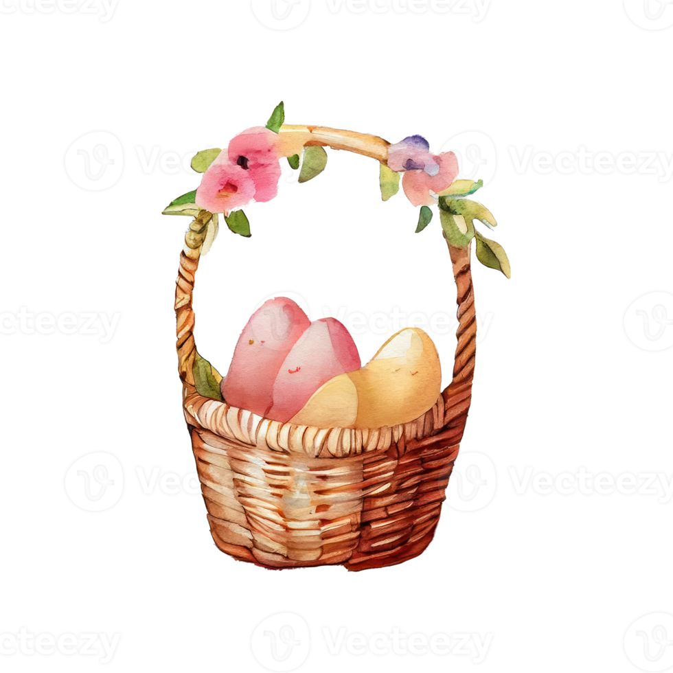 Wicker basket with colorful pastel Easter eggs, spring flowers png