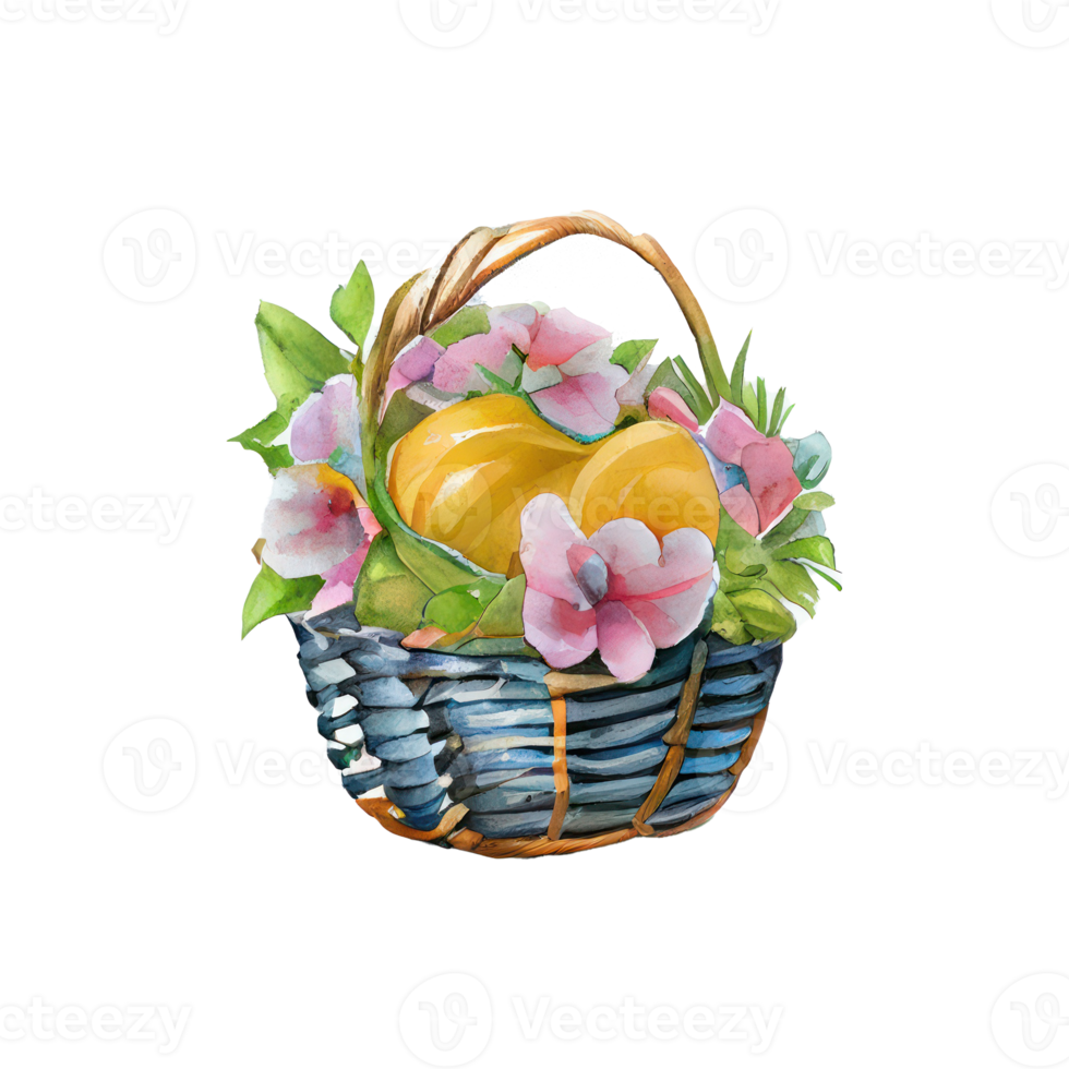 Wicker basket with colorful pastel Easter eggs, spring flowers png