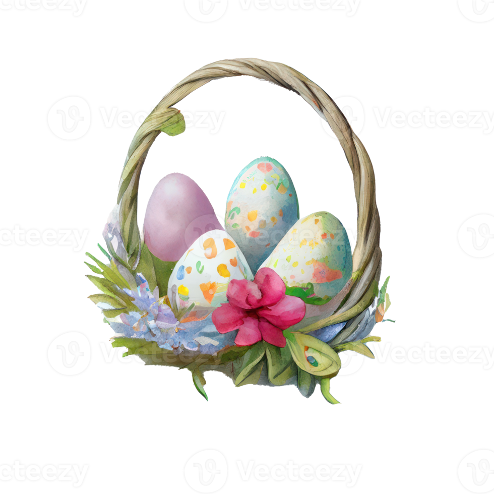 Wicker basket with colorful pastel Easter eggs, spring flowers png